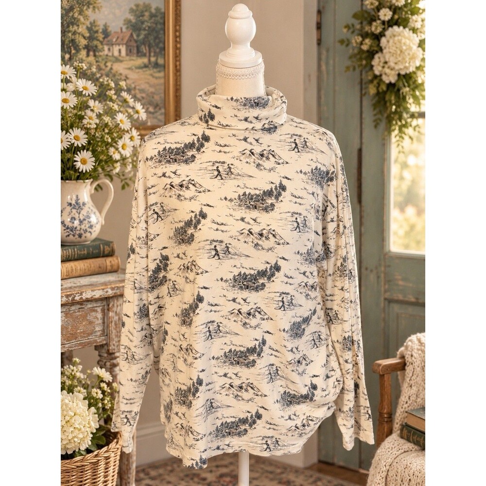 Vintage Bushwacker Women’s L Ski Toile Turtleneck Top Ivory Black Cottagecore